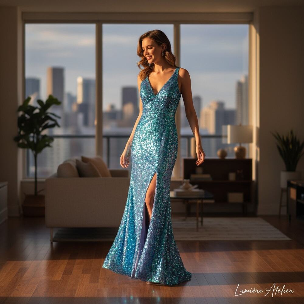 Say Yes Sequin Evening Gown – Glass Turquoise Blue – Size 1/2 – NWT
